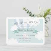 Blauwe hete luchtballon omhoog en weg 1e verjaarda kaart (Staand voorkant)
