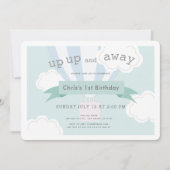 Blauwe hete luchtballon omhoog en weg 1e verjaarda kaart (Voorkant)