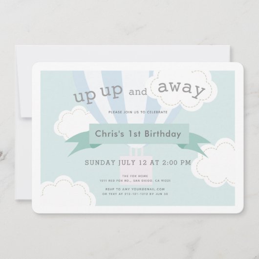 Blauwe hete luchtballon omhoog en weg 1e verjaarda kaart (Voorkant)