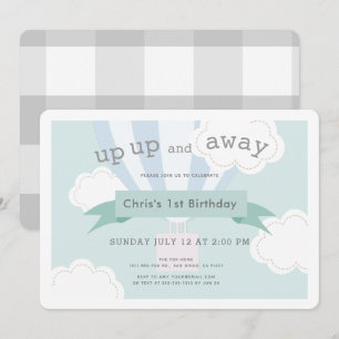 Blauwe hete luchtballon omhoog en weg 1e verjaarda kaart