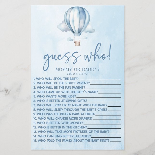 Blauwe hete luchtballon raden wie Baby shower spel (Voorkant)