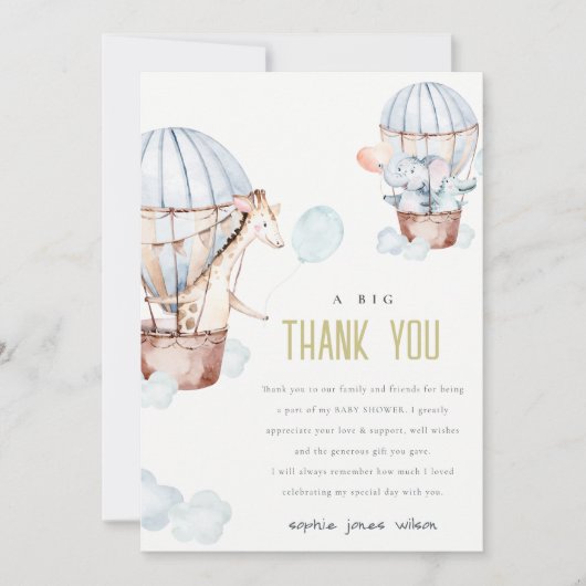 Blauwe Hete Luchtballon Safari Baby shower Dank u Kaart (Voorkant)