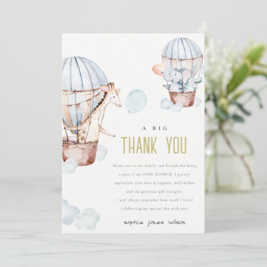 Blauwe Hete Luchtballon Safari Baby shower Dank u Kaart (Staand voorkant)