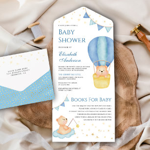 Blauwe Hete Luchtballon Teddbeer Baby Shower All In One Uitnodiging