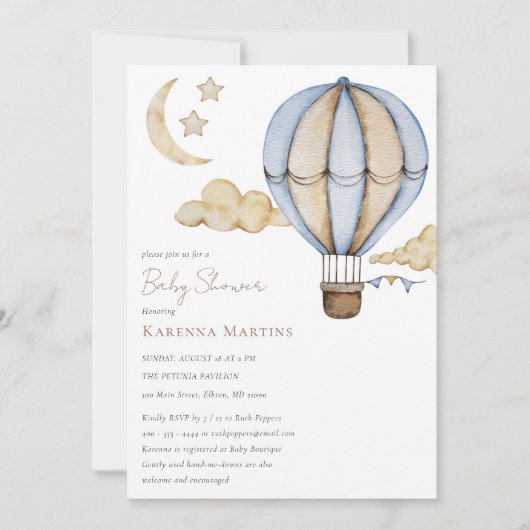 Blauwe Hete Luchtballon Wit Baby shower Kaart (Voorkant)