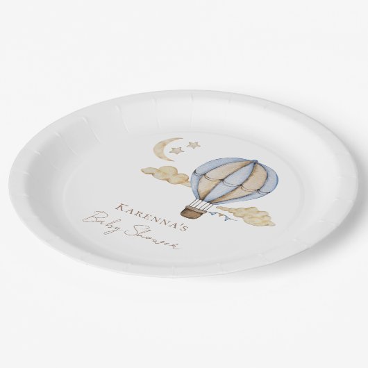 Blauwe Hete Luchtballon Wit Baby shower Papieren Bordje (Gekanteld)