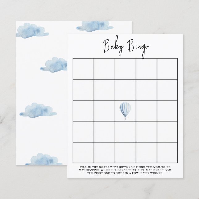 Blauwe heteluchtballon - Baby shower bingogame (Voorkant / Achterkant)