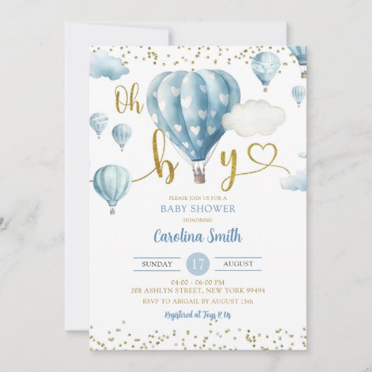 Blauwe heteluchtballon Oh Boy Baby shower Kaart (Voorkant)
