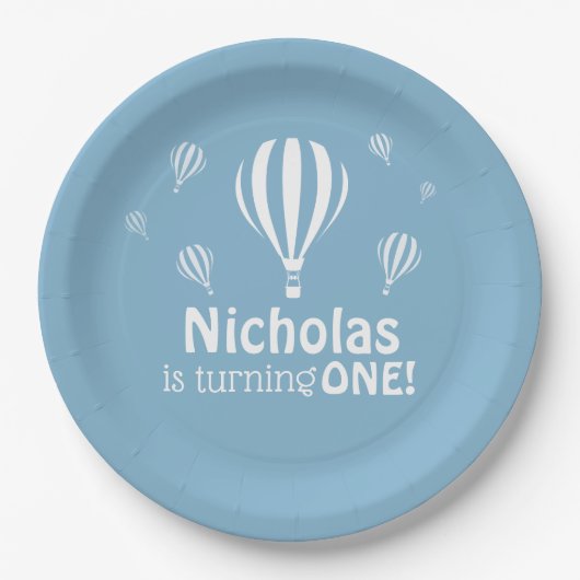 Blauwe heteluchtballonnen Baby's eerste verjaardag Papieren Bordje (Voorkant)