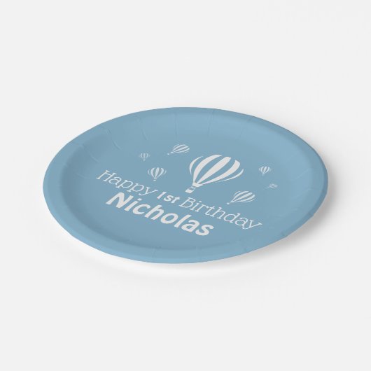 Blauwe heteluchtballonnen Baby's eerste verjaardag Papieren Bordje (Gekanteld)