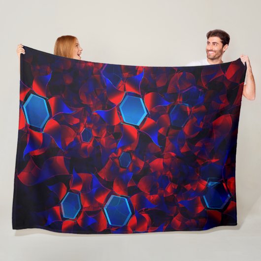 Blauwe hexagon gemengd met overlappende rode kromm fleece deken (In situ)