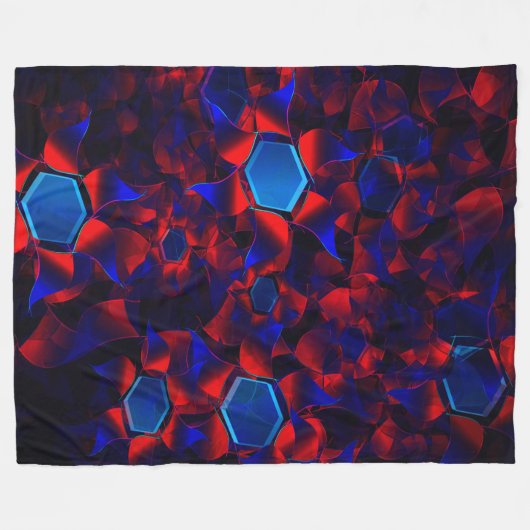 Blauwe hexagon gemengd met overlappende rode kromm fleece deken (Voorkant (Horizontaal))