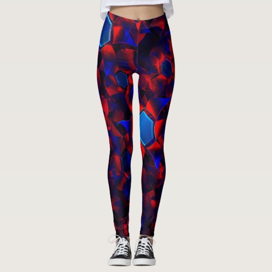 Blauwe hexagon gemengd met overlappende rode kromm leggings (Voorkant)