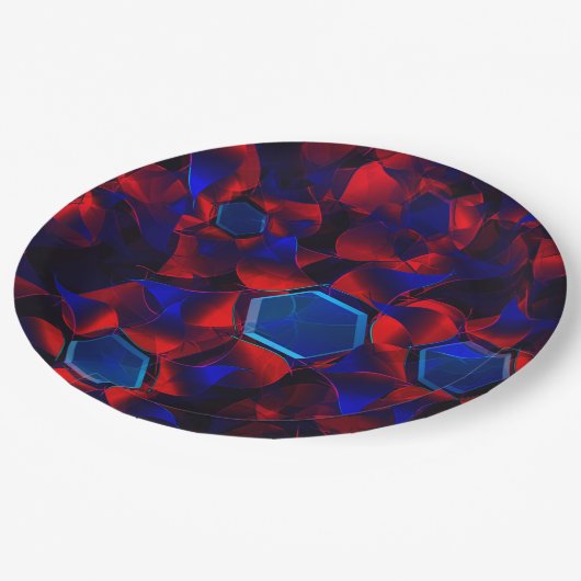 Blauwe hexagon gemengd met overlappende rode kromm papieren bordje (Gekanteld)