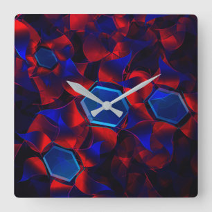 Blauwe hexagon gemengd met overlappende rode kromm vierkante klok