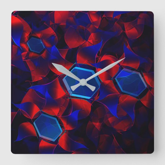 Blauwe hexagon gemengd met overlappende rode kromm vierkante klok (Voorkant)