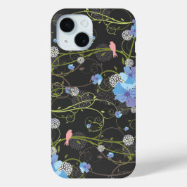 Blauwe Hibiscus Swallow Birds Elegant Floral Garde iPhone 15 Case