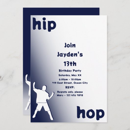 Blauwe Hip-Hop Dans 13e Verjaardagsuitnodiging Kaart (Voorkant / Achterkant)