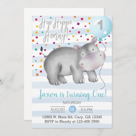 Blauwe hippo jongen eerste verjaardag uitnodiging. kaart (Voorkant / Achterkant)