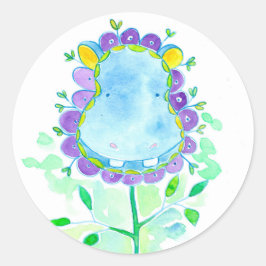 Blauwe Hippo Waterverf Flower Ronde Sticker