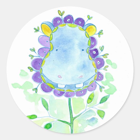 Blauwe Hippo Waterverf Flower Ronde Sticker (Voorkant)