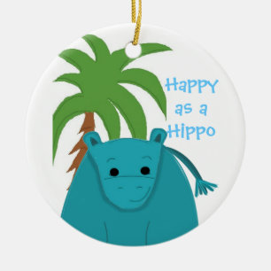 Blauwe Hippopotamus met palmboom Keramisch Ornament