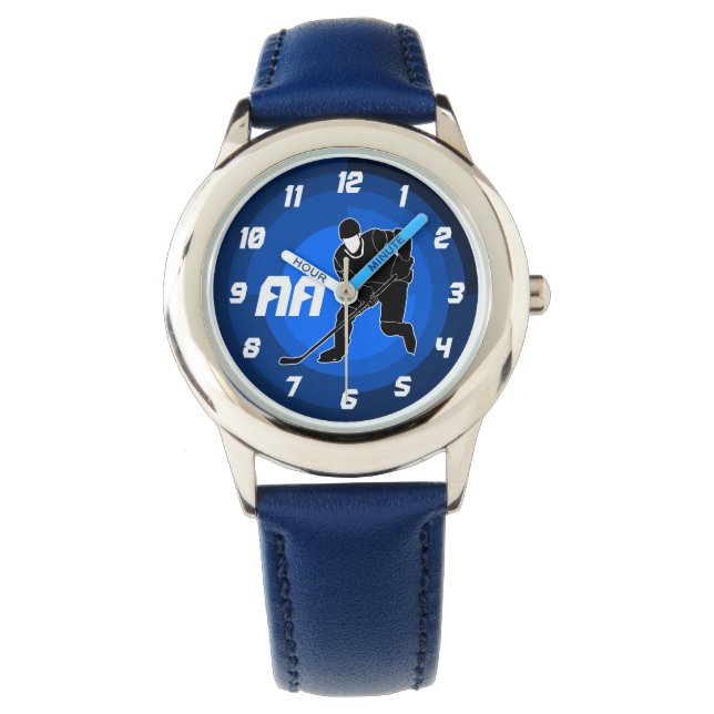 Blauwe Hockey Speler Silhouet Horloge (Voorkant)