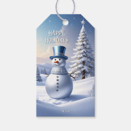 Blauwe Hoed Sneeuwman Kerstboom Kerstcadeau Label Cadeaulabel