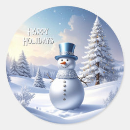 Blauwe Hoed Sneeuwman Kerstboom Kerststicker Ronde Sticker