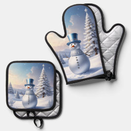 Blauwe Hoed Sneeuwman Kerstboom Ovenwant & Pannenlap Set