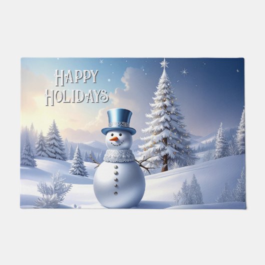 Blauwe Hoed Sneeuwman Kerstboom Vakantie Deurmat (Voorkant)