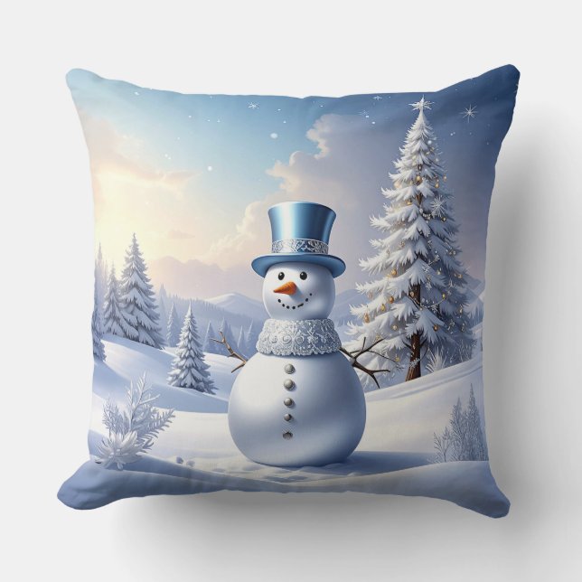 Blauwe Hoed Sneeuwman Kerstboom Vakantie Kussen (Voorkant)