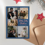 Blauwe Holly Jolly Kerstmis Vijf Fotocollage Feestdagenkaart<br><div class="desc">Deze Blue Holly Jolly Christmas Five Photo Collage Holiday Kaart design heeft eenvoudige, lichte en vrolijke achtergronden van blauw en rood met strakke witte randen en klassieke typografie, verfraaid met een grillige snoepriet-stijl script voor titels en kopteksten. Maak er een vrolijk en vrolijk kerstfeest van met dit leuke, feestelijke ontwerp...</div>