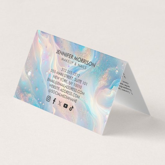 Blauwe Holografische Opal Glitter Make-up, Schoonh Visitekaartje (Achterkant)