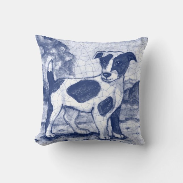  blauwe hond drager Dedham Delft Cottage Kussen (Voorkant)
