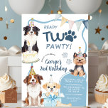 Blauwe hond klaar voor twee feestdagen kaart<br><div class="desc">Blue Dog Ready Twee Pawty Verjaardag Uitnodiging,  Puppy Party Boy Verjaardag Uitnodigen,  Bewerkbare Puppy Thema Kids Verjaardag Uitnodigen</div>