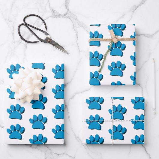 Blauwe Hond Paw 3D Art Patroon Inpakpapier Vel (Voorkant)