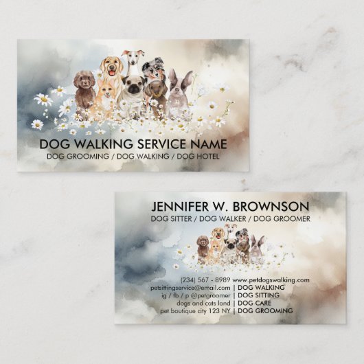 Blauwe  Honden in Daisies Waterverf Achtergrond Visitekaartje (Voorkant / Achterkant)