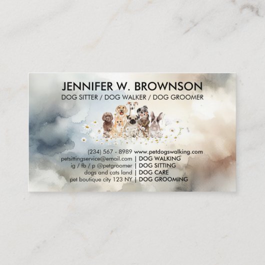 Blauwe  Honden in Daisies Waterverf Achtergrond Visitekaartje (Achterkant)