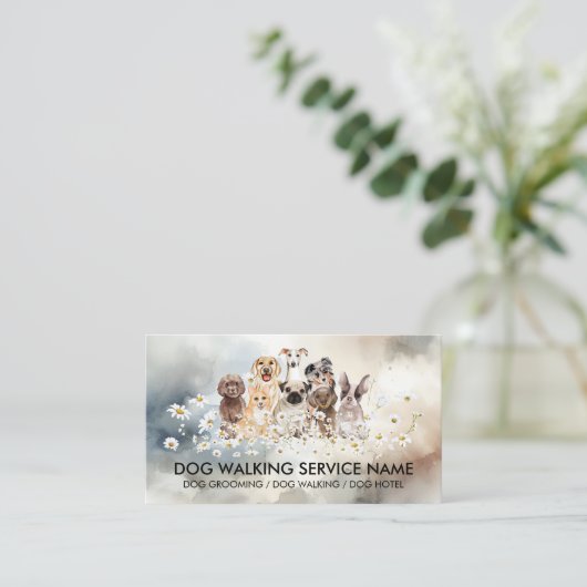 Blauwe  Honden in Daisies Waterverf Achtergrond Visitekaartje (Staand voorkant)