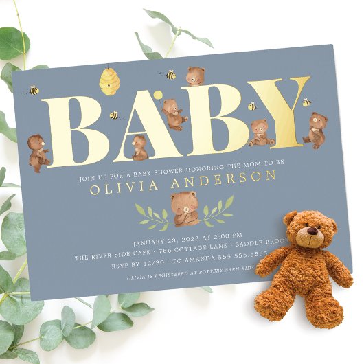 Blauwe Honing Beer Baby Shower Uitnodiging