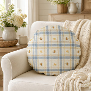 Blauwe Honing Weide Cottage Plaid Bij Rond Kussen