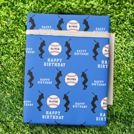 Blauwe honkbal speler kinderen naam verjaardag cadeaupapier