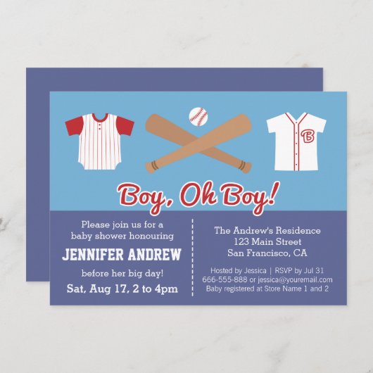 Blauwe honkbaljongen douche uitnodiging (Voorkant / Achterkant)