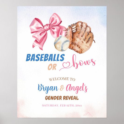 Blauwe honkballen en roze bogen onthullen welkom poster (Voorkant)