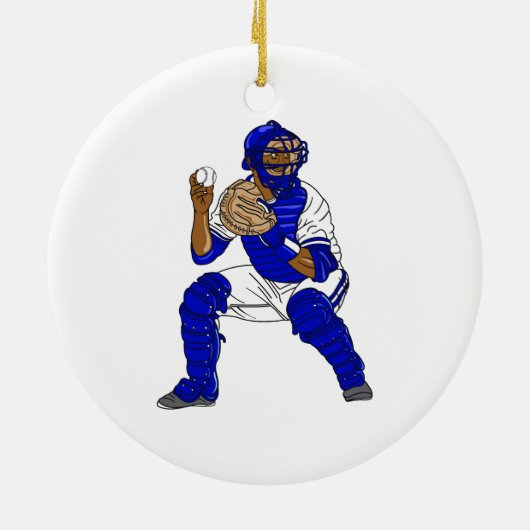 Blauwe honkbalvanger keramisch ornament (Achterkant)