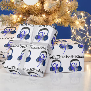 Blauwe hoofdset die een klassieke tas afspeelt cadeaupapier