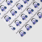 Blauwe hoofdset die een klassieke tas afspeelt tissuepapier (Detail)