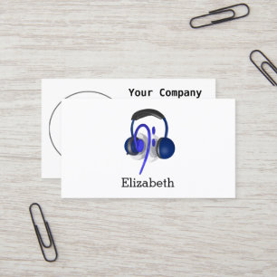 Blauwe hoofdset die een klassieke tas afspeelt visitekaartje