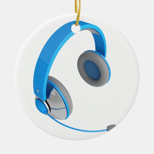 Blauwe hoofdtelefoon met microfoon keramisch ornament (Voorkant)